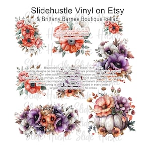 May include: An 11x11 inch UVDTF element sheet featuring floral designs with red, orange, purple, and white flowers. The sheet includes various floral arrangements and a pumpkin design. The largest designs are under 5.50 inches.