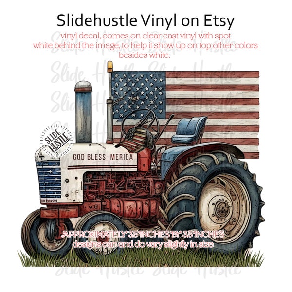 Printed Vinyl Decal, Farm Tractor, Vintage Tractor, Patriotic, Red White and Blue, Spot White, Ready to use, Indoor use only, VF136D21