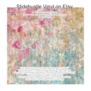 May include: A full sheet of printed adhesive vinyl with a floral design in pink, blue, and gold tones. The text on the vinyl reads "Slidehustle Vinyl on Etsy" and "Slidehustle Exclusive Designs". The vinyl measures 11.5 x 11.5 inches.