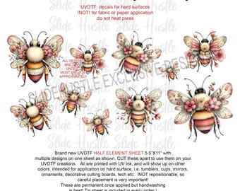 Bumble bee decal element sheet, UVDTF, Half sheet size 5.5x11, VF743ES18