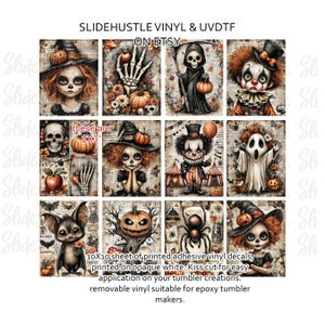 May include: A 10x10 inch sheet of printed adhesive vinyl decals featuring various Halloween-themed illustrations. The sheet includes images of a skeleton hand, a grim reaper, a clown, and other spooky characters. The decals are printed on opaque white vinyl.