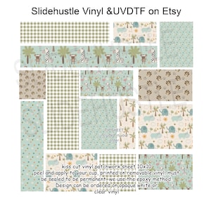May include: A patchwork sheet of vinyl decals with various patterns, including polka dots, gingham, animal prints, and jungle scenes. The text "Slidehustle Vinyl & UVDTF on Etsy" is at the top. The text "kiss cut vinyl patchwork sheet 10x10" is at the bottom.
