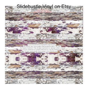 May include: A full sheet of printed vinyl with a distressed wood design. The design features white, gray, brown, and purple accents. The text on the sheet reads "Slidehustle Vinyl on Etsy" and "Slidehustle Exclusive Designs".