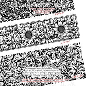 May include: Black and white UVDTF decals for hard surfaces. The design includes floral patterns and sunflower images. The decals are available in various sizes, including 2.6 x 10.5 inches and 3.85 x 10.5 inches. The text on the image says "Slidehustle Vinyl & UVDTF on Etsy".