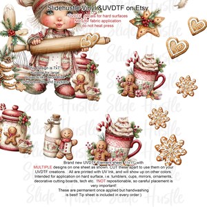 May include: A sheet of UVDTF decals featuring a Christmas theme. Designs include a girl with a rolling pin, gingerbread men, mugs of hot cocoa, and various cookies. The sheet measures 11x11 inches and is suitable for hard surfaces.