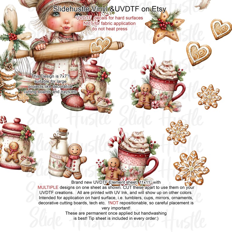 May include: A sheet of UVDTF decals featuring a Christmas theme. Designs include a girl with a rolling pin, gingerbread men, mugs of hot cocoa, and various cookies. The sheet measures 11x11 inches and is suitable for hard surfaces.