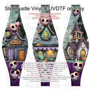 May include: Hourglass-shaped vinyl wraps for epoxy tumblers, featuring spooky Halloween-themed illustrations of haunted buildings and skull-shaped balloons. The wraps are designed to fit 20-22 ounce tumblers and measure 8.5" x 3" at the widest part. The text "Slidehustle Vinyl & UVDTF on Etsy" is visible.