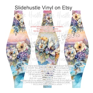 May include: Three hourglass-shaped vinyl decals for epoxy tumblers. Each decal features a floral design with blue, purple, and yellow flowers, and a watercolor background. The text "Slidehustle Vinyl on Etsy" is at the top.