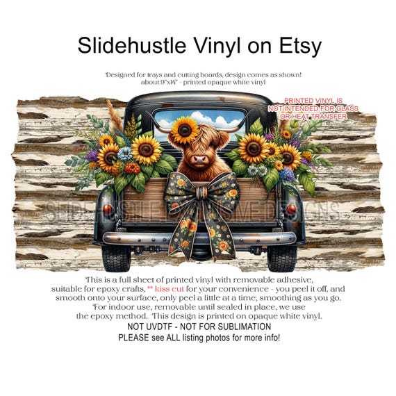 Kiss cut Printed vinyl, Removable Adhesive, Sunflower Heifer truck, Highlands cow truck, Printed on opaque white vinyl only, VF708D2