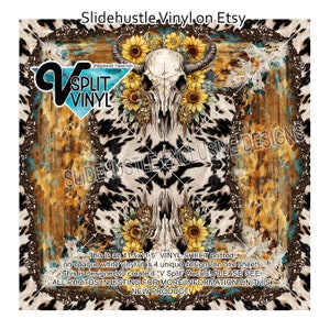May include: A 11.5x11.5 inch vinyl sheet with a skull and sunflowers on a white and black cowhide pattern. The sheet is printed on opaque white vinyl and is designed to create four "V Split" decals. The text "Slidehustle Exclusive Designs" is printed on the sheet.