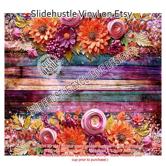 3D Vinyl Tumbler Wrap, 3D Flowers, Printed Vinyl Tumbler Wrap