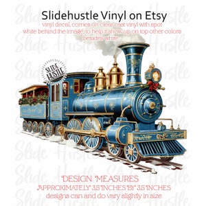May include: A blue and gold vintage steam train with a Christmas wreath on the front. The train is approximately 3.5 inches by 3.5 inches.