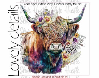 Beautiful Highlands Cow watercolor Vinyl Decal, Highlands cow with flowers,  Printed on Clear spot white vinyl, INDOOR USE ONLY