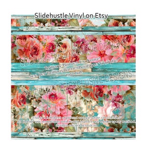 May include: A full sheet of printed opaque white vinyl with a floral design on a blue and white woodgrain background. The vinyl is 11.5 inches by 11.5 inches and is for indoor use. The design is not seamless.