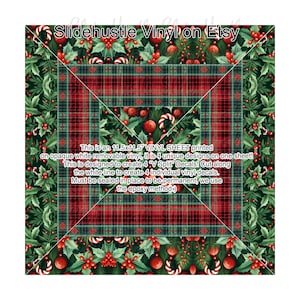 May include: A square vinyl sheet with a Christmas theme, featuring a plaid pattern in red and green, surrounded by holly, berries, and candy canes. The sheet measures 11.5 x 11.5 inches and is designed to create four individual decals.