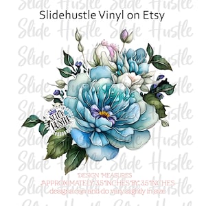 May include: A digital illustration of a blue floral bouquet with green leaves. The design measures approximately 3.5 inches by 3.5 inches.