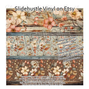 May include: Three digital designs featuring floral patterns on a wood background. The designs are for use on tumblers and are available in 11.5 inch sheets. The designs are available in opaque white or clear vinyl.