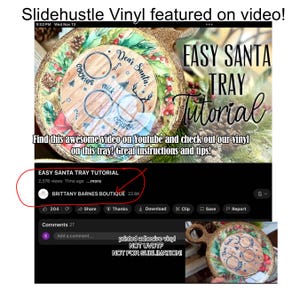 May include: A close-up of a wooden tray with a gold glitter finish. The tray has three circles cut out and is decorated with a green and red Christmas wreath. The text "Easy Santa Tray Tutorial" is visible in the image. The text "printed adhesive vinyl NOT UVDTF NOT FOR SUBLIMATION!" is also visible in the image.