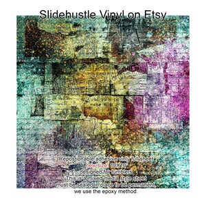 May include: A repositionable adhesive vinyl full sheet with a mixed media style design. The sheet is 10x10 inches and designed for tumblers. The design features a collage of text and abstract colors, including teal, yellow, and purple.