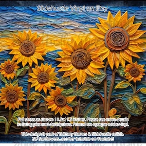 May include: A digital download of a 11.5x11.5 inch design featuring a collage of yellow sunflowers with brown centers. The design is printed on opaque white vinyl and is part of a collaboration between Brittany Barnes and Slidehustle.