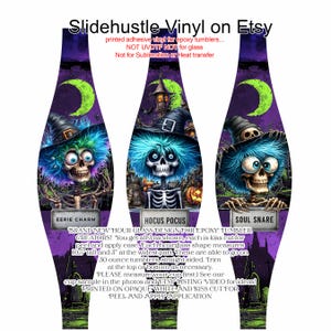 May include: Halloween-themed vinyl decals for epoxy tumblers. Each decal features a skeleton wearing a witch hat with blue hair, set against a purple background with a moon and spooky scenery. The decals are 10.5 inches tall and 3 inches wide.