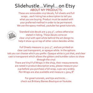 May include: A text-based image explaining the different sizes and types of vinyl decals, full sheets, and wraps available for purchase. The image includes the text "Slidehustle...Vinyl...on Etsy" and "ABOUT MY PRODUCTS:".