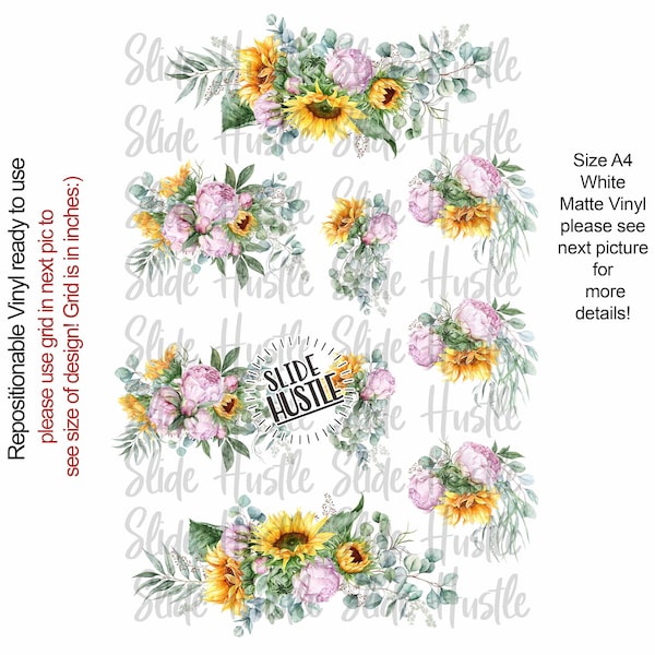 Sunflowers and Roses Vinyl Designs, A4 Size Sheet printed on Clear Spot White removable vinyl.  As seen on the Brittany Barnes Tutorial!