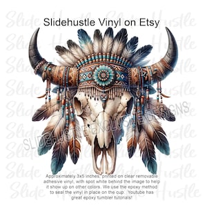 May include: A white buffalo skull with a colorful Native American headdress, including feathers, beads, and turquoise accents. The image is approximately 3x5 inches and printed on clear removable adhesive vinyl.