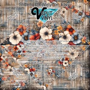 May include: A multi-split vinyl sheet with a floral design printed on white vinyl. The sheet includes six designs, two large VSplits measuring 8.25 inches by 11.5 inches, and four mini VSplits measuring 8 inches by 5.75 inches. The sheet is designed to be used for wrapping around 20-ounce skinny tumblers.