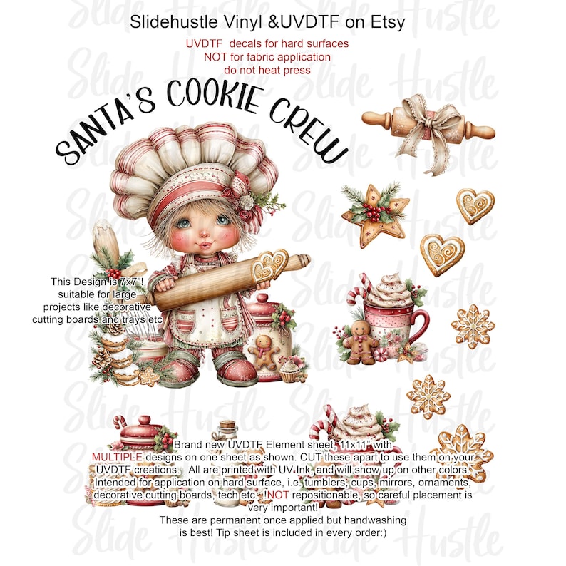 May include: A sheet of UVDTF decals featuring a Christmas theme. The design includes a cartoon chef with a rolling pin, gingerbread cookies, and a mug of hot cocoa. Text reads "Santa's Cookie Crew".