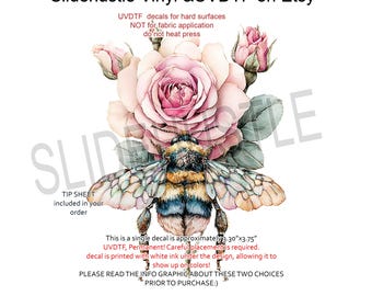 Bumble Bee and Roses, this is a UVDTF decal, VF743UV17, 3.5"