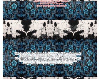 Western Printed Adhesive Vinyl Sheet, Blue Embossed leather removable vinyl, 11.5x11.5" VF730 FS2, Indoor Use