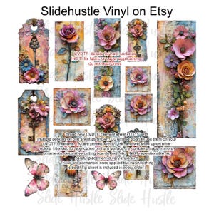 May include: A sheet of UVDTF decals for hard surfaces, featuring floral and butterfly designs. The sheet includes various sizes and shapes of roses and butterflies, with text that reads "Slidehustle Vinyl on Etsy". The decals are not for fabric or paper and do not require heat.