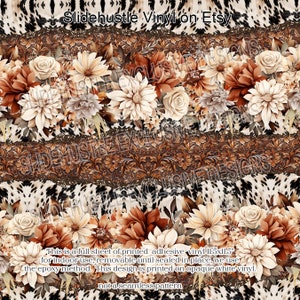 May include: A floral design printed on adhesive vinyl, featuring a repeating pattern of brown, white, and cream flowers. The design is set against a background of brown leather with a textured pattern. The text "Slidehustle Vinyl on Etsy" is visible at the top of the image. The text "This is a full sheet of printed adhesive vinyl 11.5x11.5" for indoor use, removable until sealed in place, we use the epoxy method. This design is printed on opaque white vinyl. not a seamless pattern" is visible at the bottom of the image.