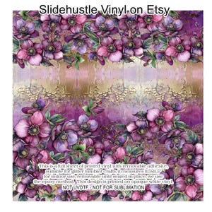 May include: Full sheet of printed vinyl with a floral design featuring purple and pink flowers. The vinyl is suitable for glitter tumbler crafts and measures 11.5x11.5 inches. The design is printed on opaque white vinyl.