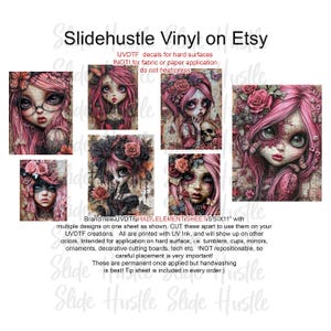 May include: A sheet of UVDTF vinyl decals featuring multiple designs of gothic-style girls with pink hair, roses, and butterflies. The sheet is 5.5" x 11" and intended for hard surfaces like tumblers and mirrors.