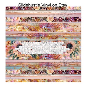 May include: A full sheet of multiple border style designs printed on opaque white adhesive vinyl, measuring 11.5 inches by 11.5 inches. The design features a rustic wood background with floral accents and the text "This is a full sheet of multiple border style designs, printed on opaque white adhesive vinyl 11.5x11.5" for indoor use, removable until sealed in place, we use the epoxy method. This design is printed on opaque white vinyl. Use scissors or a paper trimmer to cut apart the border designs, and create your unique one of kind cup."
