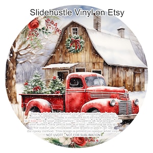 May include: A red truck with a white cab and a wooden bed is carrying two Christmas trees. The truck is parked in front of a red barn with a white roof. The scene is set in a snowy winter landscape. This is a full sheet of printed vinyl with removable adhesive, suitable for epoxy crafts. It measures 10.75 inches around and is kiss cut for your convenience. You peel it off, and smooth onto your surface, only peel a little at a time, smoothing as you go. For indoor use, removable until sealed in place, we use the epoxy method. This design is printed on opaque white vinyl. NOT UVDTF - NOT FOR SUBLIMATION