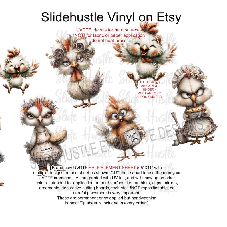 Funny Chicken Decals, on Half Size Element Sheet, UVDTF, Half Size 5 ...