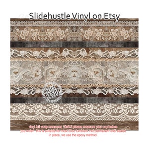 May include: A digital design featuring a white lace pattern with brown floral accents. The design is intended for use as a vinyl wrap for a 10x8.5 inch tumbler. The text "Slidehustle Vinyl on Etsy" and "Slidehustle" are visible in the image. The text "vinyl full wrap measures 10x8.5 please measure your cup before you order! this is suitable for most 20oz tumblers. not permanent until sealed in place, we use the epoxy method." is also visible in the image.