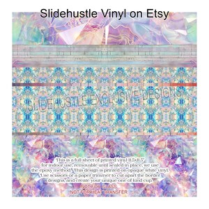 May include: A full sheet of 11.5x11.5 inch printed vinyl with a colorful abstract design featuring iridescent colors and geometric shapes. The vinyl is for indoor use and is removable until sealed in place. The text "This is a full sheet of printed vinyl 11.5x11.5" for indoor use, removable until sealed in place, we use the epoxy method. This design is printed on opaque white vinyl. Use scissors or a paper trimmer to cut apart the border designs, and create your unique one of kind cup. NOT FOR GLASS NOT FOR HEAT TRANSFER" is printed on the vinyl.