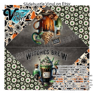 May include: A multi-split vinyl sheet with a Halloween theme. It features a witch's brew with a snake wrapped around it, and a green eye pattern background. The sheet is 11.5 x 11.25 inches total.