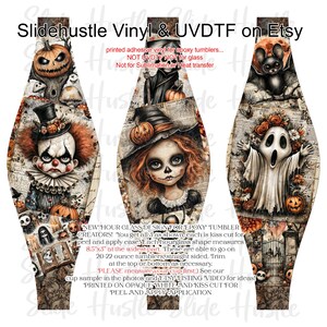 May include: Halloween-themed vinyl wraps for epoxy tumblers. Designs include a jack-o'-lantern, a clown, a witch, a grim reaper, and a ghost. Each wrap is kiss-cut and measures 8.5" x 3" at its widest part. The text "Slidehustle Vinyl & UVDTF on Etsy" is at the top.