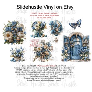 May include: A sheet of UVDTF decals for hard surfaces, featuring various designs including floral arrangements, Easter eggs, and a butterfly. The designs are in shades of blue, white, and beige. The sheet measures 5.5" x 11".