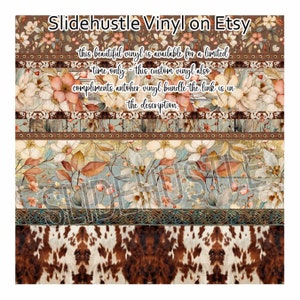 May include: A digital design featuring a floral pattern with brown, white, and blue colors. The design includes a cowhide pattern and the text "Slidehustle Vinyl on Etsy". This beautiful vinyl is available for a limited time only. This custom vinyl also compliments another vinyl bundle. The link is in the description.
