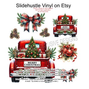 May include: A sheet of UVDTF decals for hard surfaces featuring Christmas designs. Includes a red truck with a Christmas tree, gifts, and the text "Merry Christmas." Also includes a plaid bow, pinecones, and ornaments.