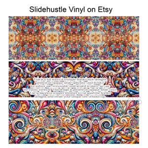 May include: A full sheet of colorful, intricate border designs printed on opaque white adhesive vinyl. The vinyl is 11.5 inches by 11.5 inches and can be used for indoor projects. The text on the sheet reads: "This is a full sheet of multiple border style designs, printed on opaque white adhesive vinyl 11.5x11.5 for indoor use, removable until sealed in place, we use the epoxy method. This design is printed on opaque white vinyl. Use scissors or a paper trimmer to cut apart the border designs, and create your unique one of kind cup."