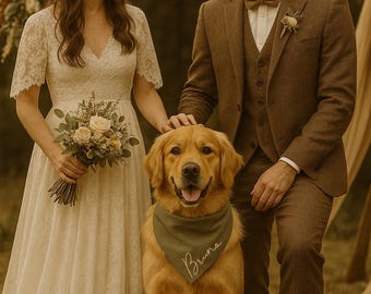 Könnte beinhalten: Ein Golden Retriever trägt ein olivgrünes, dreieckiges Halstuch, auf dem der Name Bruna in weißer Schreibschrift gestickt ist. Der Hund steht zwischen zwei Personen in formeller Hochzeitskleidung, bestehend aus einem weißen Spitzenkleid und einem braunen Anzug.