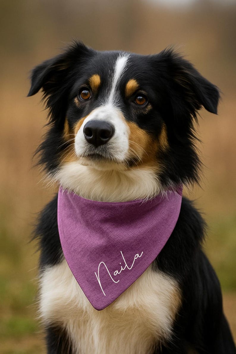 May include: A tri-color dog with black, white, and tan fur wearing a purple bandana. The bandana has the name "Naila" written in white script. The dog is looking towards the camera with a soft focus background.