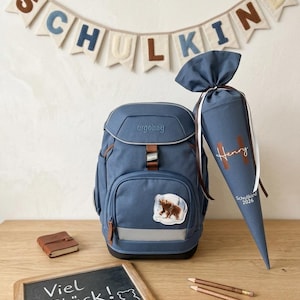 Personalized blue school cone | Simple fabric school cone with name & initial | Matches Ergobag Schneebärstöber